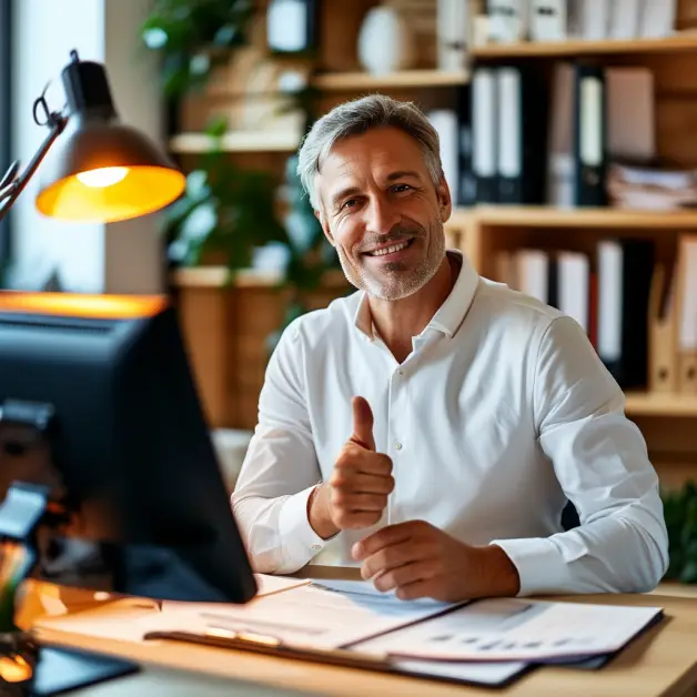 เจ้าของกิจการนั่งยิ้มหลังตรวจบัญชีครบถ้วน